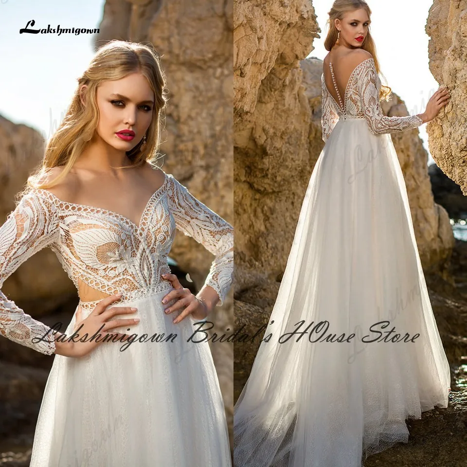 

Lakshmigown Sexy Bridal Wedding Dress Long Sleeves 2021 Robe Longue Femme Sheer Illusion Lace Tulle Boho Wedding Gowns Beading