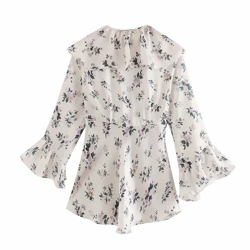 Elegant Summer Shirt Women 2020 Ruffle V-neck Long Sleeve Front Tie Hook Tops Female Chic Satin Print Blouse Blusas | Женская одежда