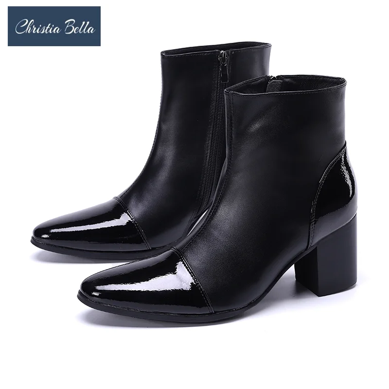 

Christia Bella British Style Black Genuine Leather Men High Heel Boots Nightclub Dancer Party Ankle Boots Pointed Toe Dress Shoe