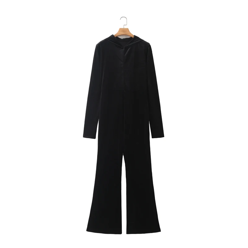 

MESTTRAF Women 2021 Fashion Solid Color Velvet Hooded Long Jumpsuit Retro Long Sleeve Casual Jumpsuit Streetwear