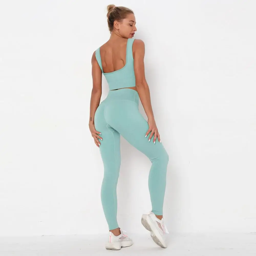 

NORMOV Women Sets Fitness Solid Backless Strapless Pullover And High Waist Push Up Trousers Spandex Suit Workout Skinny Sets
