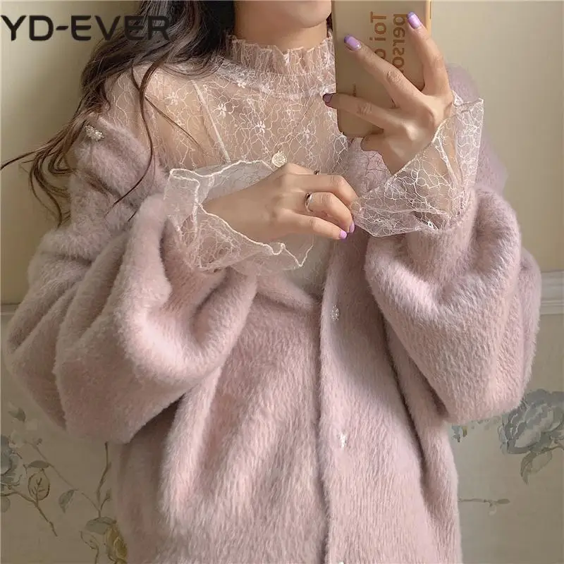 Женская кружевная водолазка повседневный пуловер с расклешенным рукавом