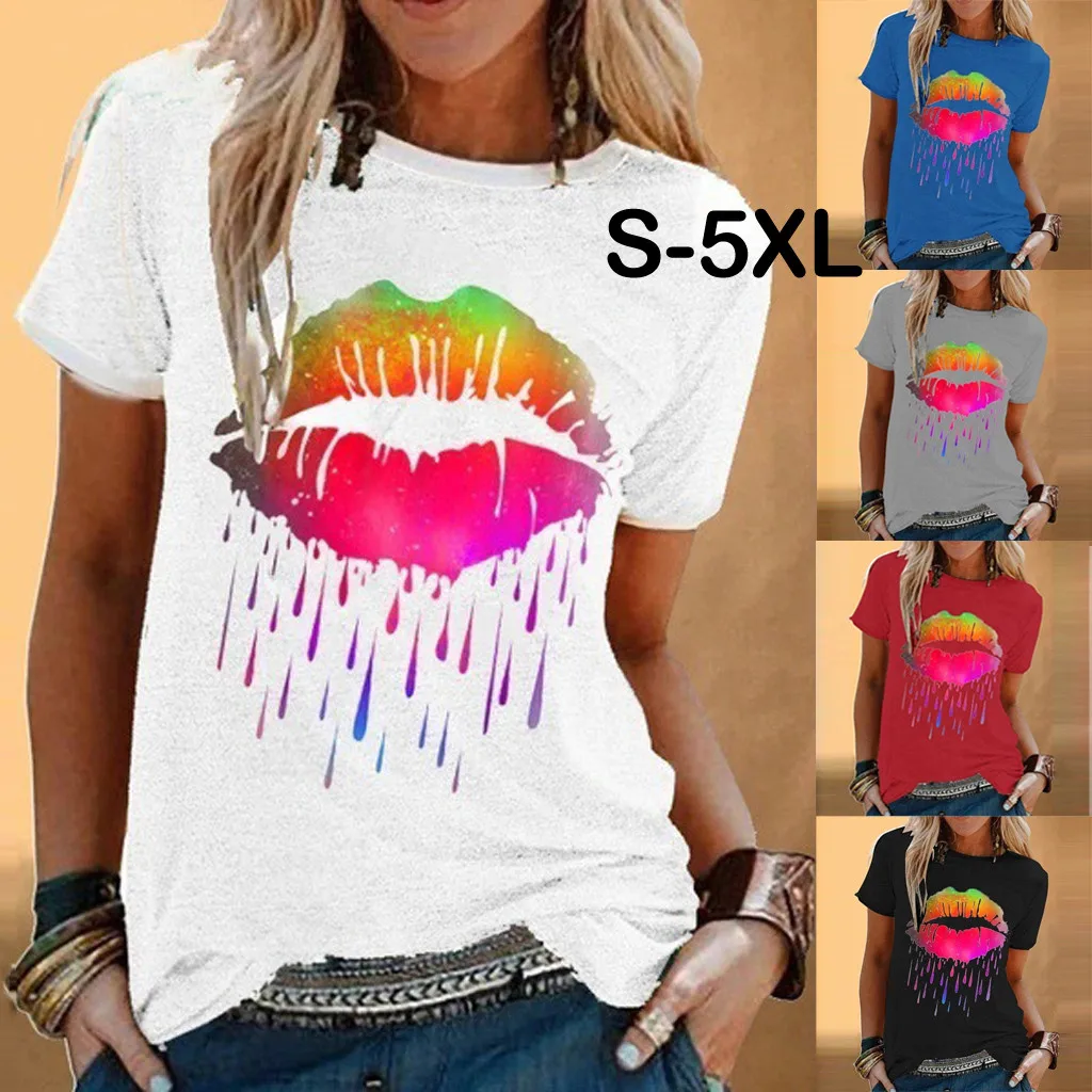 

Fashion Big Lips Print Women Tank Top Vest Casual Loose 2021 Summer Tops O Neck Short Sleeve Tee Shirt Ladies Tops Plus Size 5xl