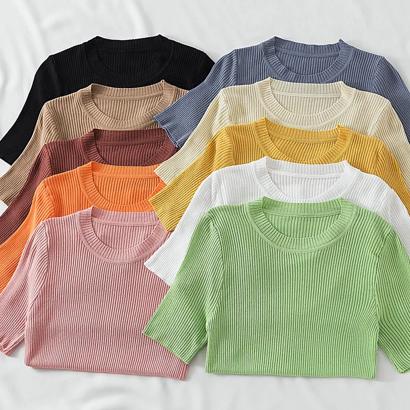 Летняя женская футболка Однотонная с коротким рукавом тонкие вязаные топы