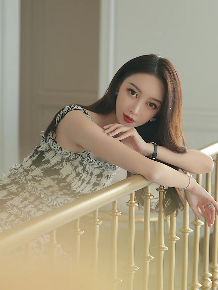 

New Elegant Tweed Small Fragrance Thousand Bird Lattice Suspender Dress Women's Winter One-step Skirt