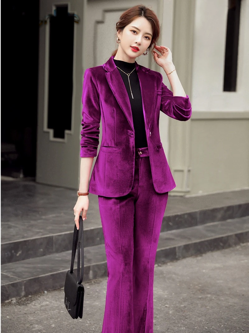 Элегантные фиолетовые женские деловые костюмы для офиса с брюками и курткой
