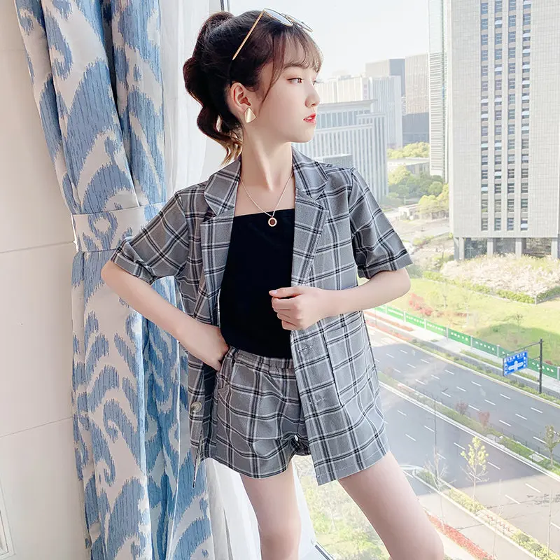 

Teen Girls Tracksuit 2021 Summer 3PCS Kids Suit For Girls Clothing Sets School Plaid Jackets Vest Shorts Suit 6 8 10 12 14Years
