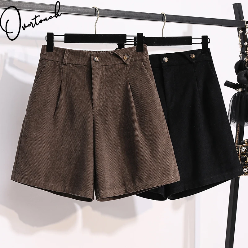 

Overtouch Women Short Pants Oversize Corduroy Cotton Pants Elastic Waist Vintage Lady Slim Trousers Autumn Winter 2021