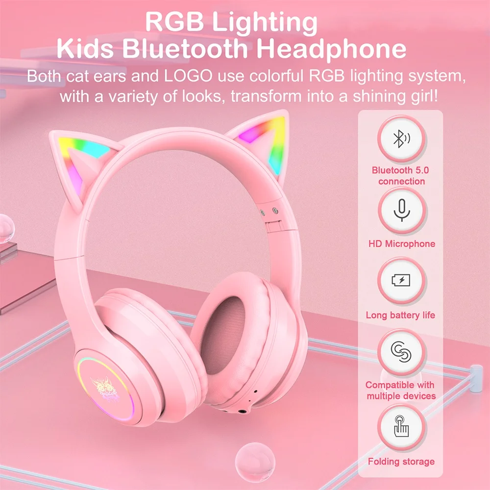 Наушники Onikuma B90 RGB с кошачьими ушками Bluetooth 5 0 Беспроводная игровая гарнитура