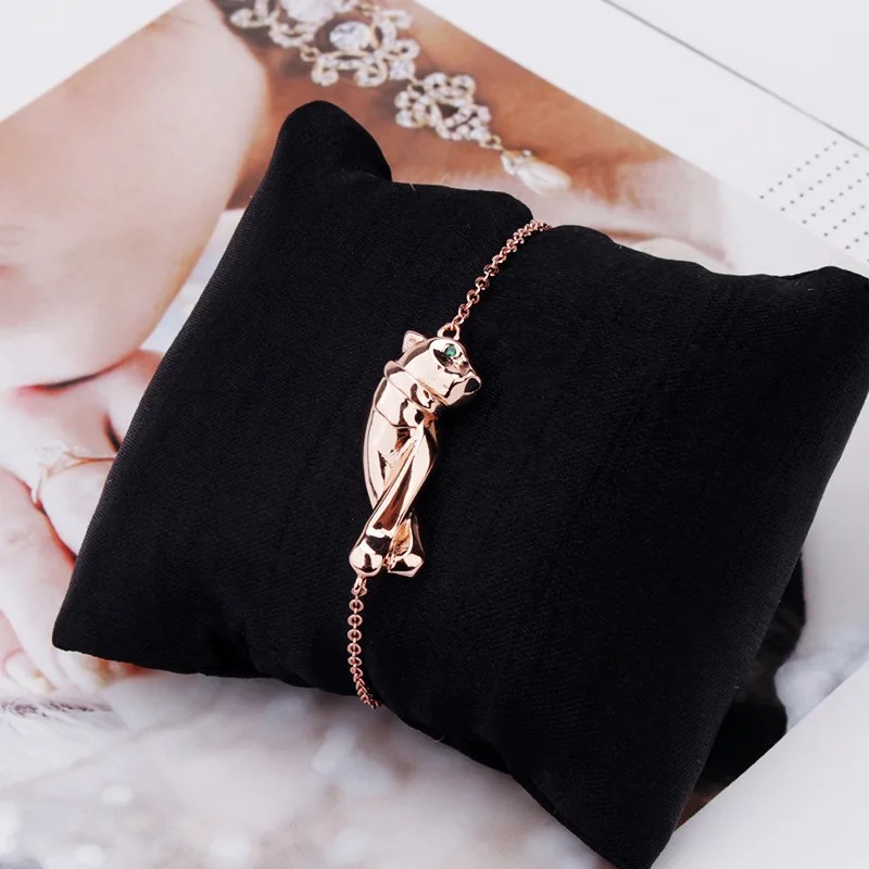 

No Zircon Stone Green Eyes Sitting Leopard Collar Necklace Same Chain Bracelet Panther Animel Jewelry for Women Men