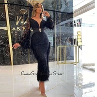 elegant black feather lace cocktail dresses long pagoda sleeve deep v neck ankle length short prom gown formal partydresses