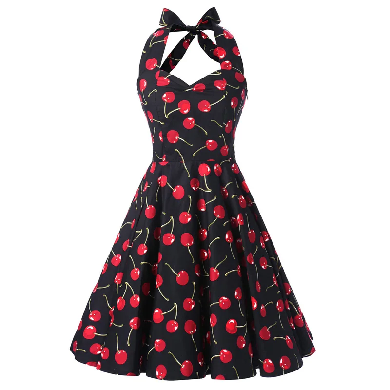 

Vintage Halter Pin Up Dress Women 2022 Elegant Summer Robe Sexy Backless Swing Party Retro 50s Rockabilly Hepburn Cotton Dress