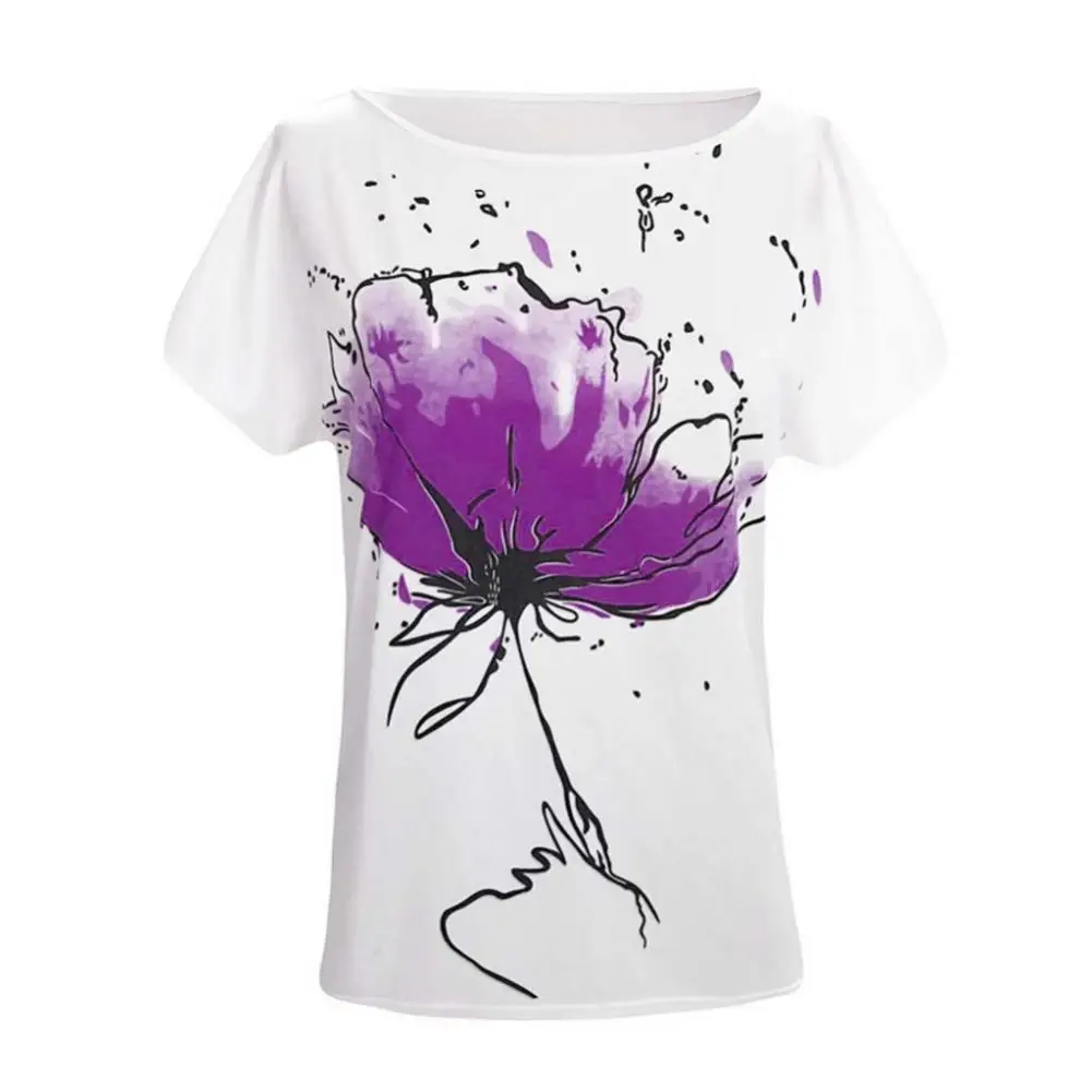 

Summer Casual Women Flower Print One Shoulder Loose Short Sleeve T-Shirt Top