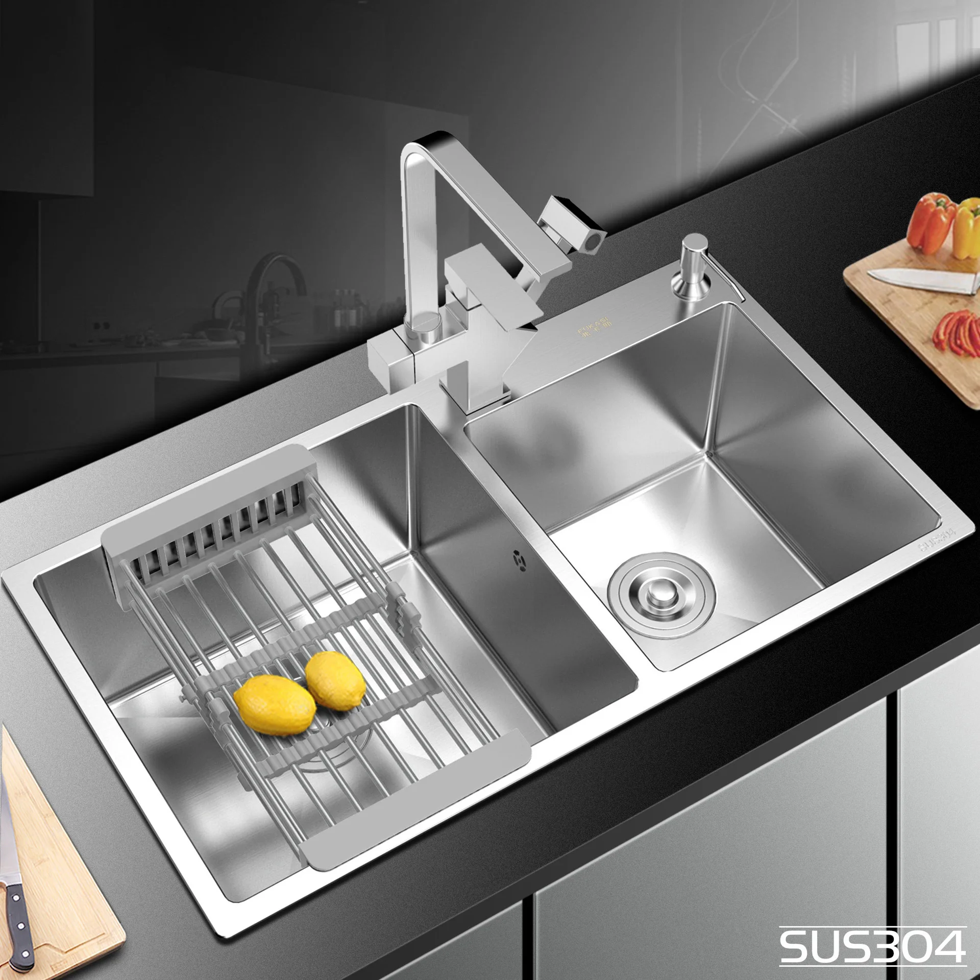 

Kitchen 304 stainless steel silver modern minimalist handmade sink thickened double sink sink under counter basin AE02AC-0019