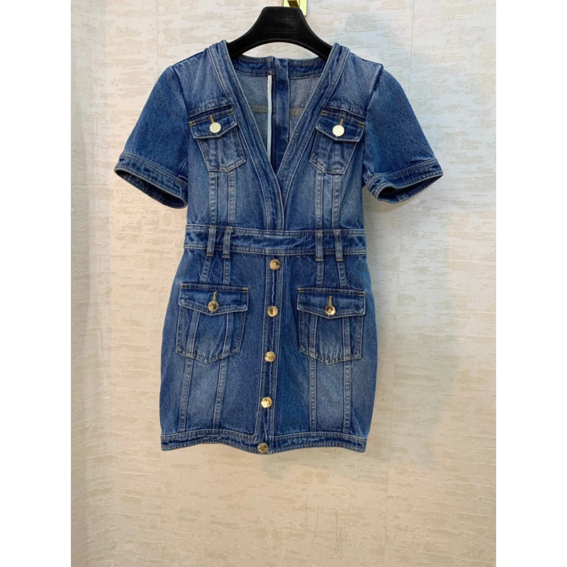 

Женское джинсовое платье-трапеция, облегающее двухцветное платье с V-образным вырезом и коротким рукавом, 10,28