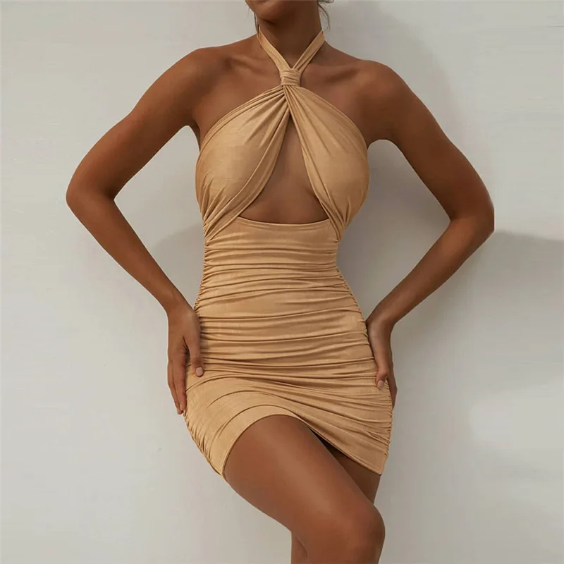 

Ruched Sexy Backless Halter Bandage Mini Dresses for Women 2021 Summer Sleeveless Cut Out Bodycon Dress Party Club Vestidos Gift