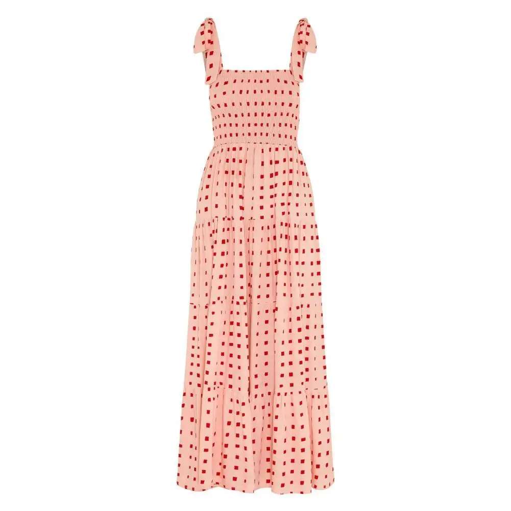 

Women Square Neck Print Sling Pleated Large Hem Midi Dress Beachwear for Holiday