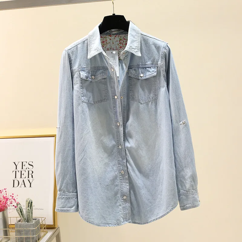 Женская джинсовая рубашка с длинным рукавом весна размера плюс