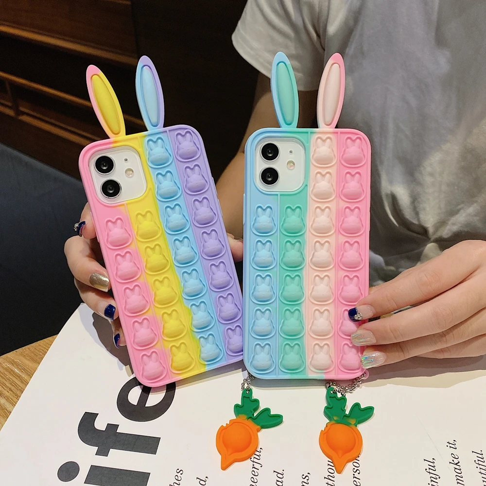

Rabbit Relive Stress Phone Case for iPhone 11 12 Pro Max X XR XS 6 6s 7 8 Plus SE Fidget Toys Push It Bubble Soft Silicone Cover