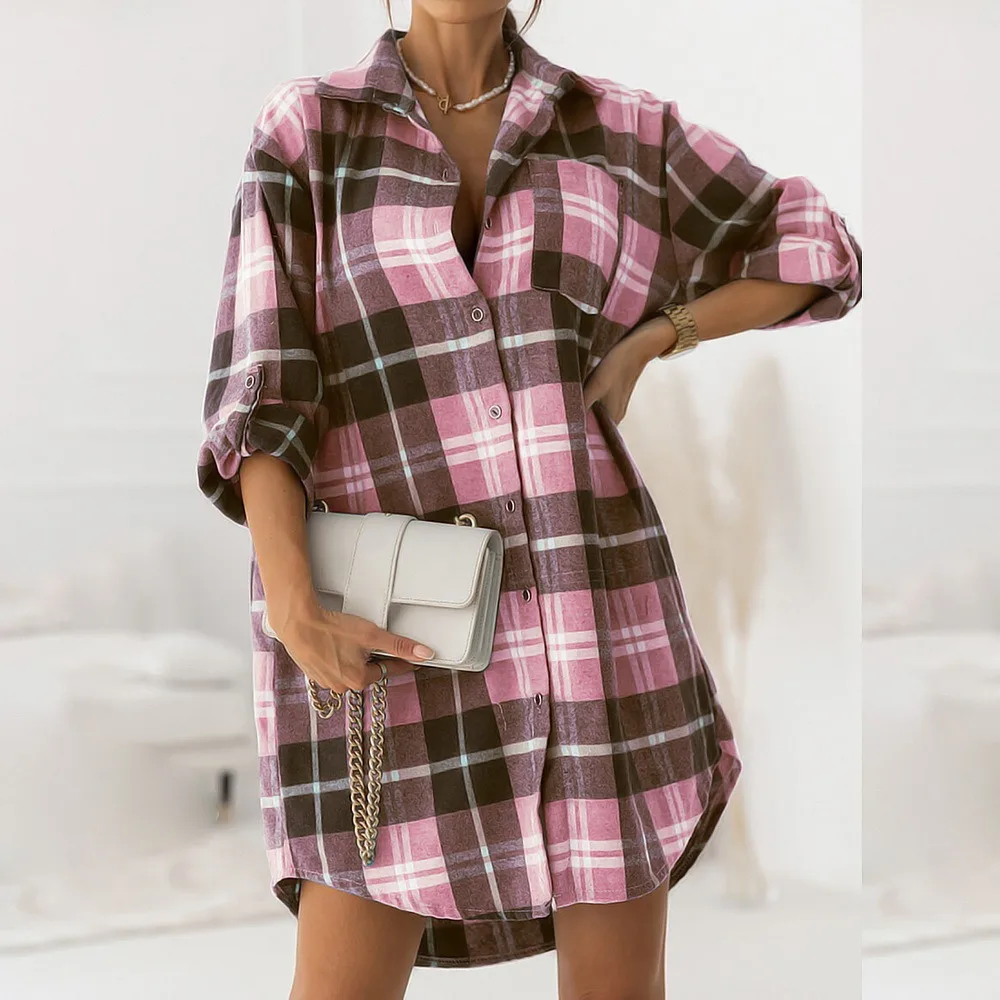 

Women's autumn street tops shirts, retro large plaid loose shirt tops, women's casual dresses