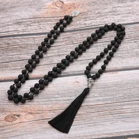oaiite natural volcanic lava stone knotted mala necklace rosary japamala necklace hanging black tassel meditation jewelry gifts