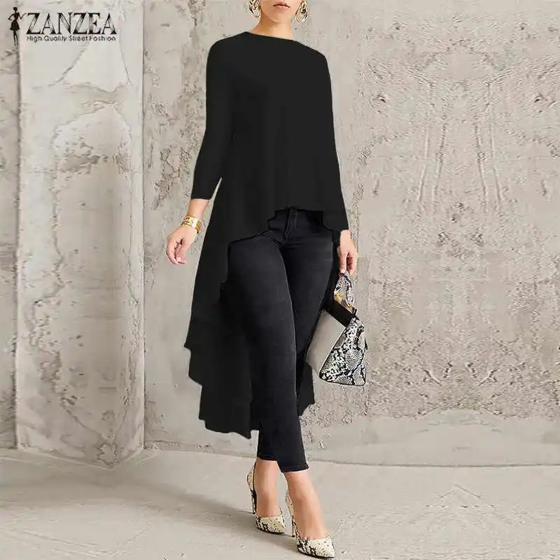 A Solid Black Асимметричное Платье-туника Топ Для женщин Блузка Весна сорочка ZANZEA плиссированная рубашка с длинными рукавами Женский «ласточкиным хвостом» Блузы больших размеров - Цвет: A Solid Black