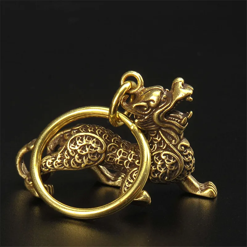 Винтажный латунный китайский старинный зверь Qilin брелок Lucky Подвески ручной