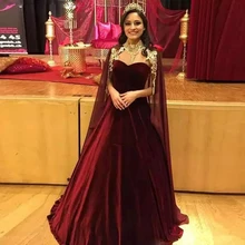 Lorie Saudi Arabic Burgundy Ball Gown Evening Dresses with Cape Velvet Formal Evening Gown Skirt Dubai Prom Gown Long Dresses (1)