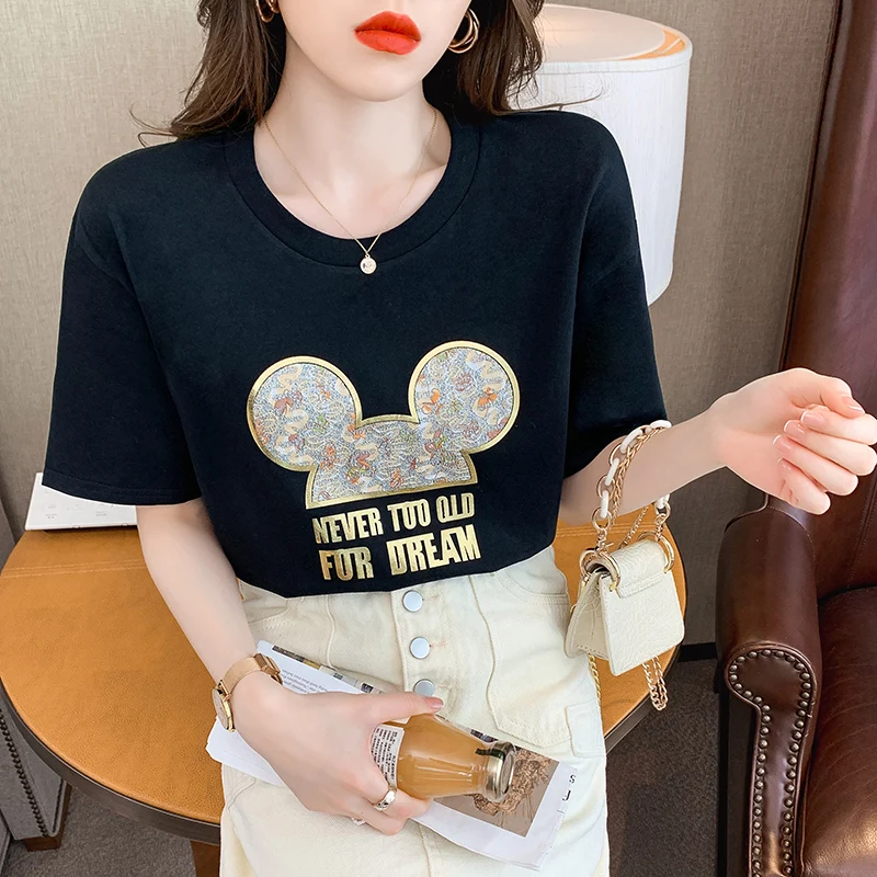 

T Shirt Women 2021 Summer Fashion Cartoon Design Mouse Print Graphic Tee Casual Loose 100% Cotton Woman Tshirts Harajuku Shirt