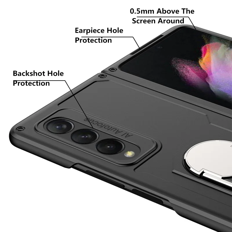Manly Armor Fold Stand Ring Holder Case For Samsung Galaxy Z Fold 3 5G Phone Cover PC Hard Solid Color Shockproof Fitted Fundas