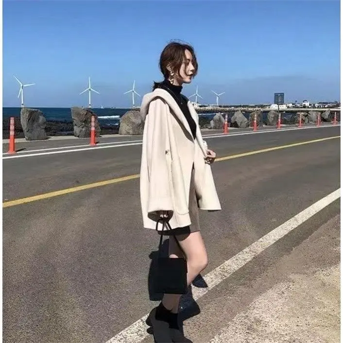 

2020 Double-sided cashmere Coat Winter Jacket Women Loose Natural Cashmere Cape coat Wool Blends Outerwear Streetwear Oversize