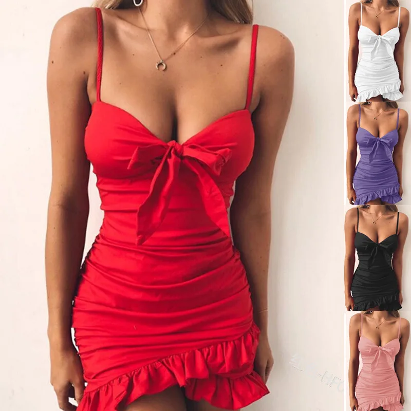 

2021 Euro-American Summer New Fashion Feminine Pure Color Sling Skirt Bow Blouse Folds Irregular Ruffled Dress