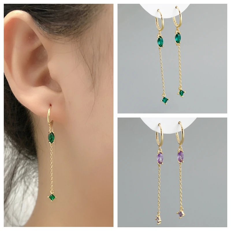 

PANAOBEN 925 Sterling Silver New Arrival Green Zircon Tassel Chain Hoop Earrings for Women Fine Jewelry Piercing Huggie Earings