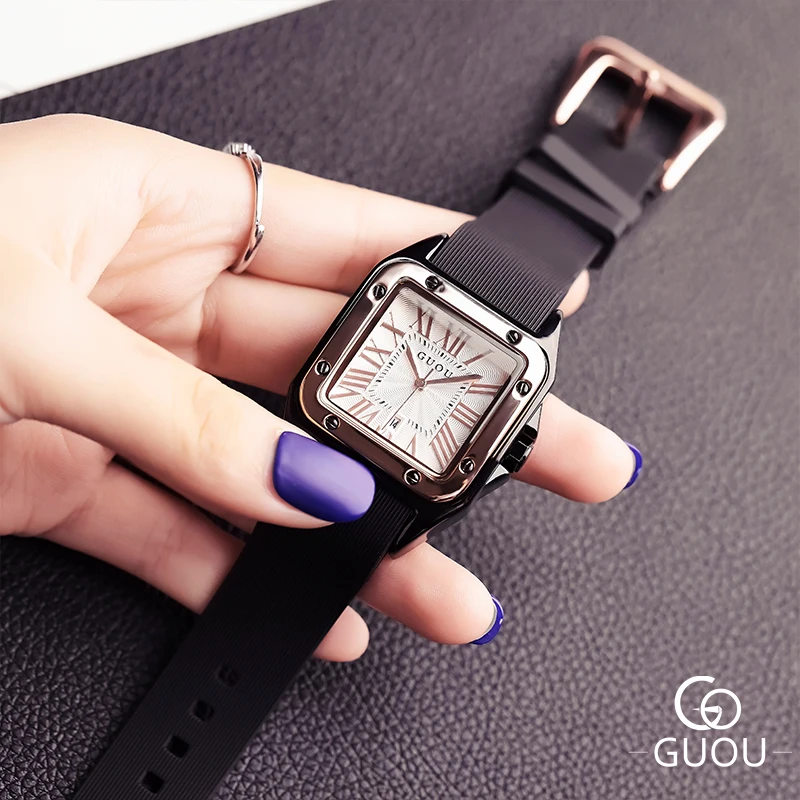 

GUOU Square Watches for Women Silicone Strap Small Dial 33MM Quartz Female Watch Waterproof Simple Ladies Wristwatch Date Clocks