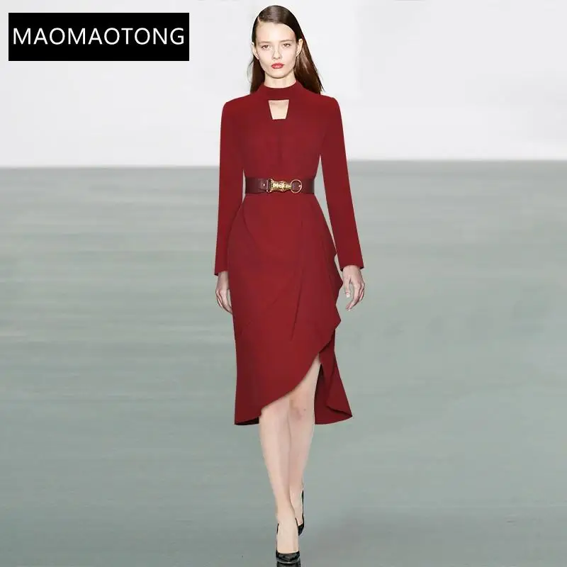 

Women's Clothing Fashion Designer Dress Autumn Women's Dress Long Sleeve Belt Solid High Street Chiffon Asymmetrical Dresses