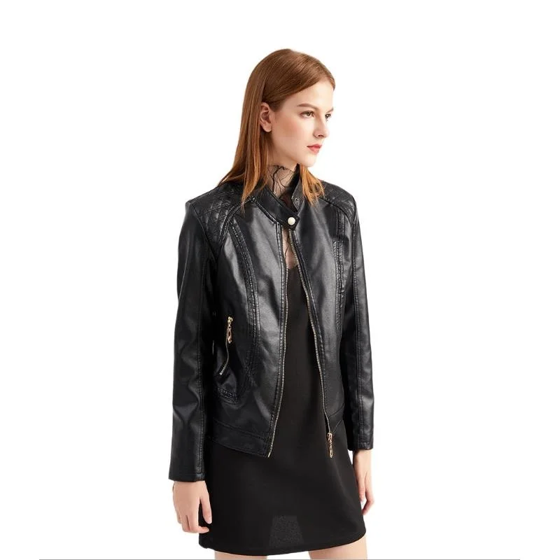 

Plus Size Moto Biker Zipper Leather Coat 2021 Women Pu Leather Jacket Casual Loose Mandarin Collar Female Faux Leather Jacket