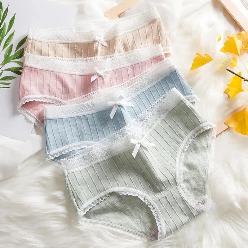 

Wasteheart Women Fashion Pink Green Cotton Mid Waist Bow Cotton Panties Underwear Lingerie Briefs Underpants M L XL