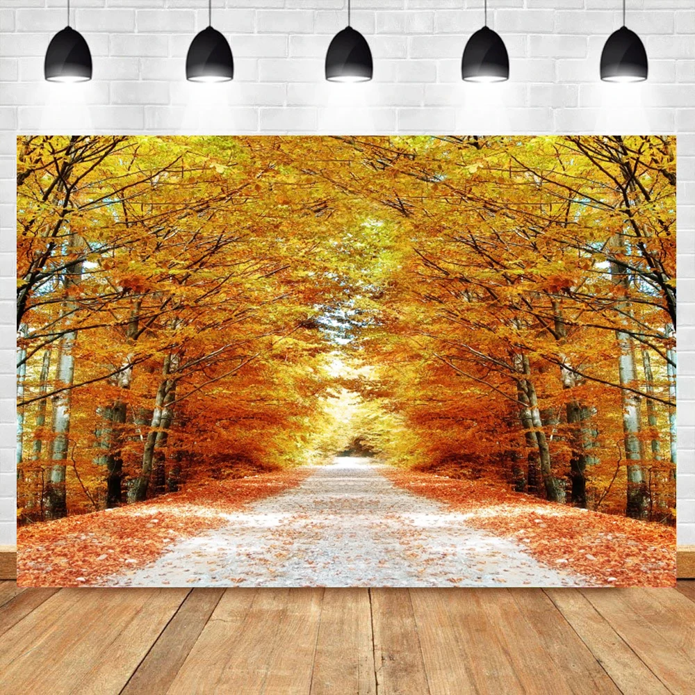 

Laeacco Осенняя Лесная дорога желтые опавшие листья Живописный фон для фотосъемки фон для фотостудии Фотофон