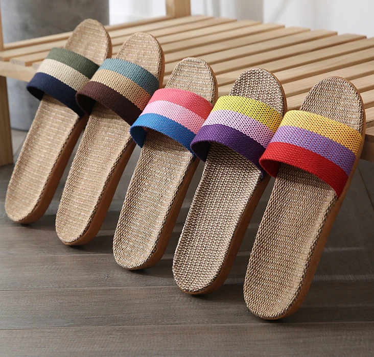 

Women Home Slippers Indoor Floor Soft Couple Men Linen Slipper Colorful Stripe Light Unisex Bedroom Shoes Ladies Flax Flip Flops