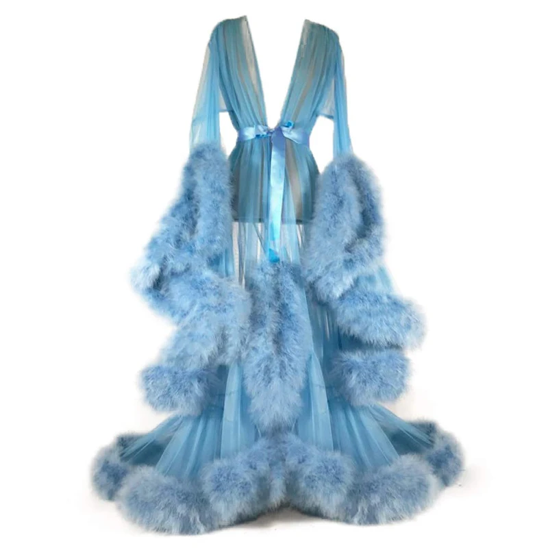 Women's Fur Robe Feather Long Wedding Scarf Illusion Nightgown Robe Bathrobe Sleepwear