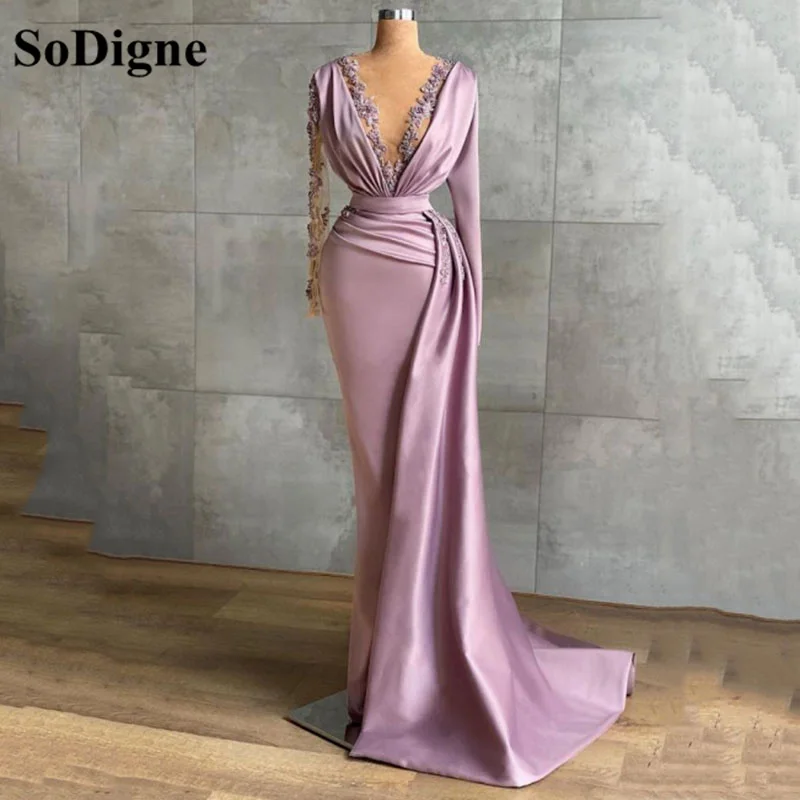 

SoDigne Luxury Purple Meramid Long Party Dress V Neck Appliques Lace Long Sleeves Prom Dresses Evening Gowns Vestidos De Festa