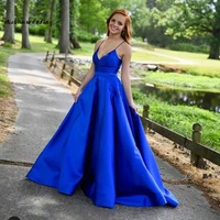 simple royal blue a line evening dresses sexy v neck spaghetti straps silk satin long prom dress 2020 floor length backless gown