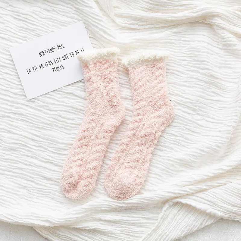 1 Pair Мягкие полосатые носки коралловый флис кровать пол утолщаются одноцветные носки пушистые зимние теплые дышащие чистый носок для сна для женщин - Цвет: 1 Pair
