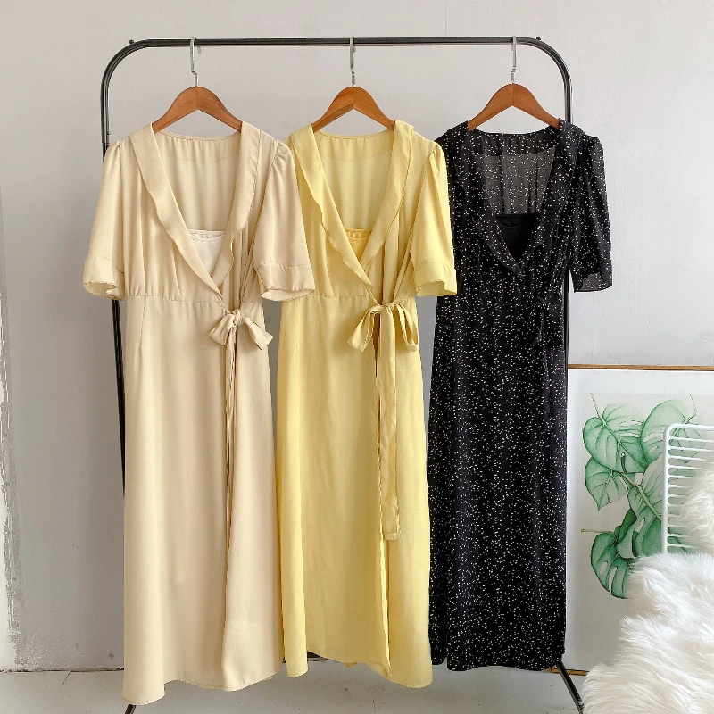 

French Vintage Fungus Cross V-neck Puff Sleeve Long Dresses Women Empire Slim A-line Print Dress Send Camisole 2021 New