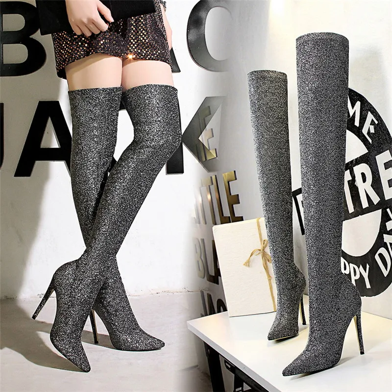 

BIGTREE 2021 Sexy Fashion Long Stocking Boots Winter Concise Sequined Women High Stiletto Heel Above Knee Club Party Thigh Boot