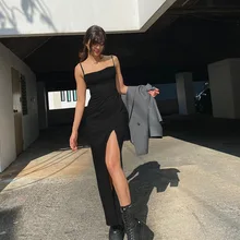Black Solid Color Suspender Dress Women's Clothing Spring Autumn New Fashion Split High Waist Pleated Slim Fit Backless Dress