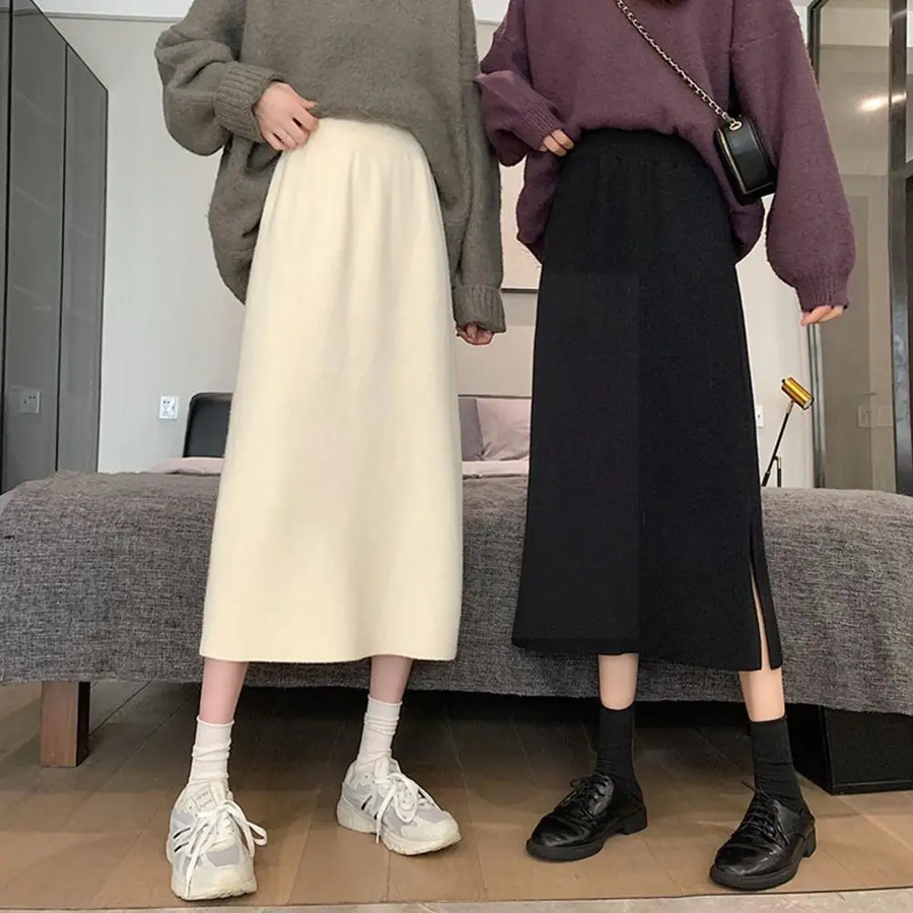 

Elastic Waist Women Long Skirt Knitted Pencil Skirt One-step Winter Split Knitting Wool Black Autumn Skirts Female O4M7