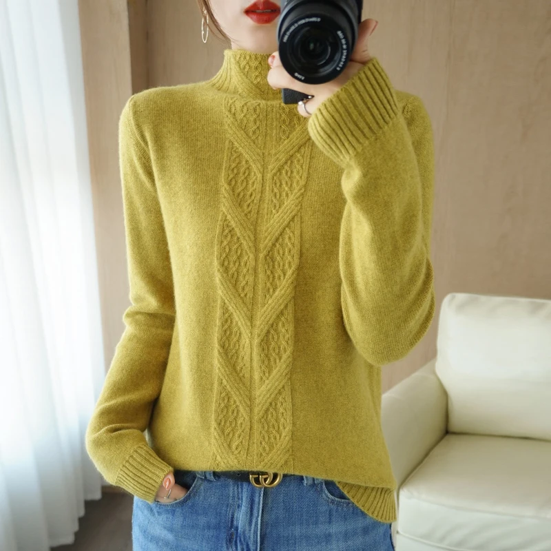 

2021 Autumn and Winter New Cashmere Sweater Women Half Nigh Neck Pullover Loose Casual Knit Tops 100% Pure Wool Female Jacket