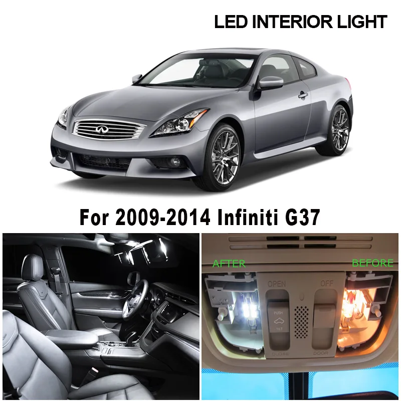 

13 x белый светодиодный светильник без ошибок, комплект внутренней посылка для 2009-2014 Infiniti G37, карта, купольная лампа для чтения, потолочный баг...