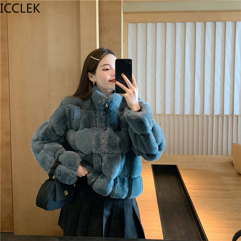 

ICCLEK Women Winter Western Chic High Neck Temperament Padded Jacket Fashion Imitation Mink Square Fur Coat